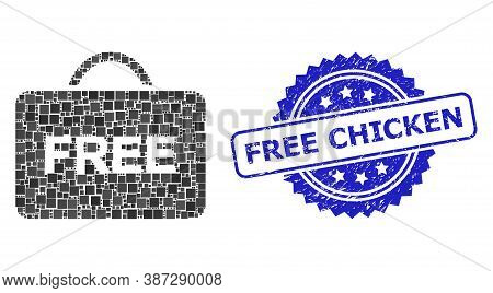 Vector Collage Free Case, And Free Chicken Rubber Rosette Seal Imitation. Blue Stamp Seal Contains F