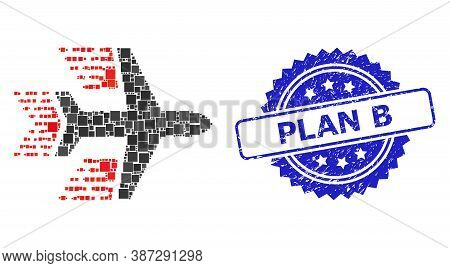 Vector Mosaic Aircraft, And Plan B Rubber Rosette Stamp Seal. Blue Stamp Seal Contains Plan B Captio