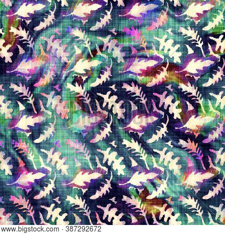 Blurry Rainbow Glitch Artistic Foliage Texture Background. Irregular Bleeding Watercolor Tie Dye Sea