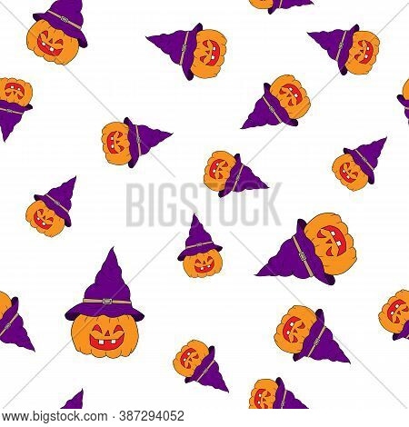 Seamless Pattern, A Pumpkin In A Hat On A White Background, For The Halloween Holiday. Vector Illust