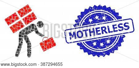 Vector Collage Refugee Person, And Motherless Textured Rosette Stamp Seal. Blue Stamp Seal Contains 