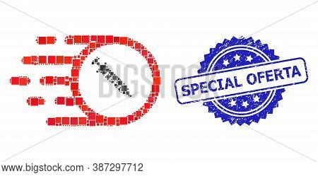 Vector Mosaic Rush Vaccine, And Special Oferta Grunge Rosette Seal Imitation. Blue Stamp Seal Contai