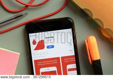New York, Usa - 29 September 2020: B-donor Mobile App Logo On Phone Screen Close Up, Illustrative Ed