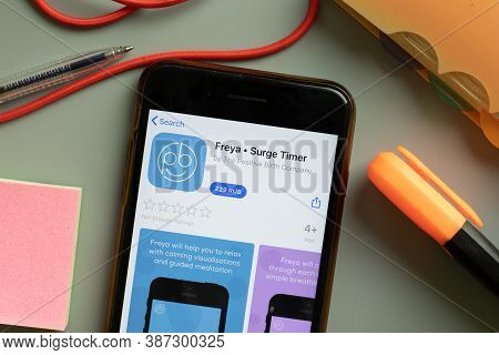 New York, Usa - 29 September 2020: Freya Surge Timer Mobile App Logo On Phone Screen Close Up, Illus