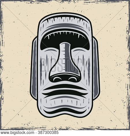 Stone Face Of Easter Island Moai Statue Vector Illustration In Vintage Style On White Background Wit