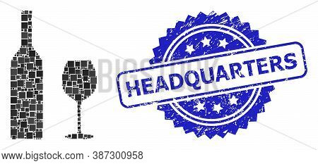 Vector Mosaic Wine Glassware, And Headquarters Corroded Rosette Stamp. Blue Stamp Contains Headquart