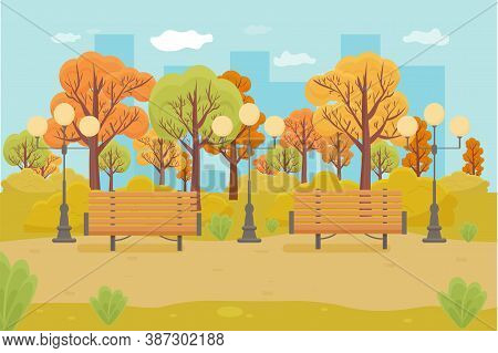 City Autumn Park, Scenery. Bench And Lantern And Many Fall Trees. Outdoor Landscape Stock Vector Ill