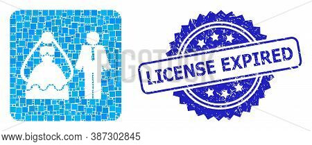 Vector Mosaic Marriage Persons, And License Expired Dirty Rosette Seal Imitation. Blue Stamp Seal Co