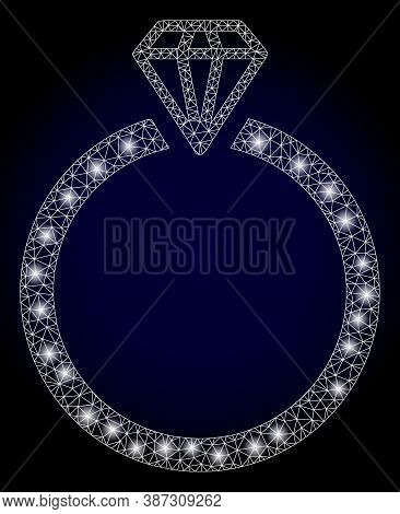Glare Mesh Polygonal Diamond Ring With Light Spots. Illuminated Vector Model Created From Diamond Ri