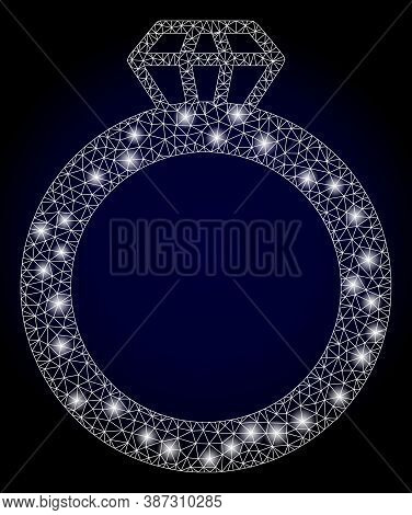 Glowing Mesh Web Gem Ring With Glowing Spots. Illuminated Vector Model Created From Gem Ring Icon. D