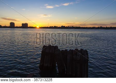 Skyline Of Sarnia, Ontario, Canada At Sunrise Along The Banks Of The St. Clair River.