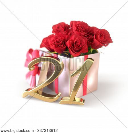 Birthday Concept With Red Roses In Gift Isolated On White Background. Twenty-first. 21st. 3d Render