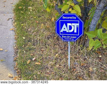 Calgary, Alberta. Canada. Sep 27, 2020. An Adt Sign Security Alarm System.