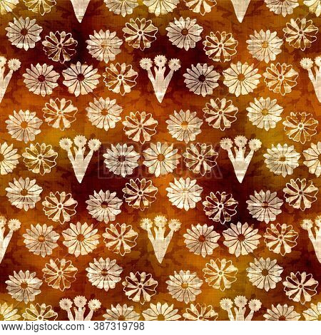 Seamless Modern Sepia Brown Flower Blockprint Print. Grunge Watercolor Texture Floral Background. Wo