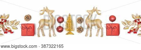 Christmas Background - Gift Box, Mistletoe, Fircones,reindeer And Christmas Balls In Golden And Red 