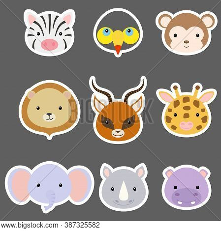 Set Of Cute Funny Animal Heads Stickers. African Cartoon Animal Characters For Baby Print Design, Ki