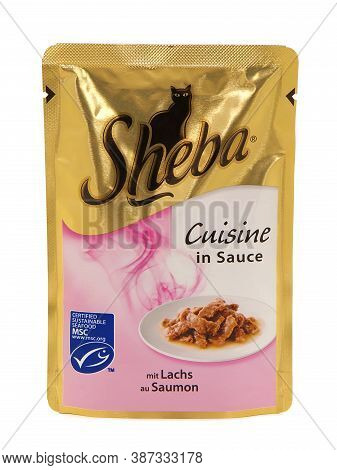 Bucharest, Romania - January 10, 2016. Sheba Cuisine In Sauce, Pouches Of Wet Cat Food Isolated On W