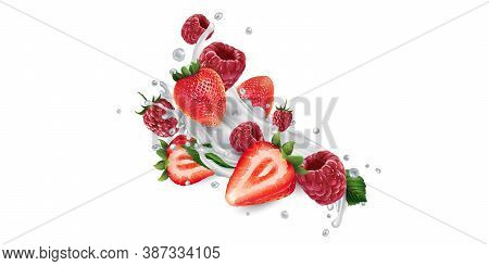 Strawberries And Raspberries In Splashes Of Yogurt Or Milk.