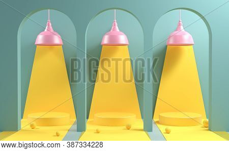 Mockup Three Stage In Yellow Hilight With Pink Lamp And Green Tunnel Background 3d Render