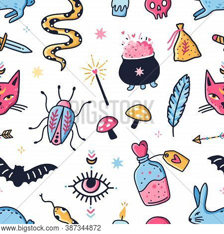 Seamless Pattern With Magical Objects For Fortune Telling Or Clairvoyance. Repeatable Background For