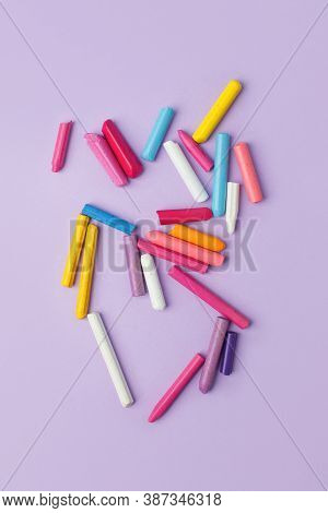 Minimal Abstract Purple Pastel Background With Colorful Wax Chalk, Concept Of Pop Art Culture, 80s, 
