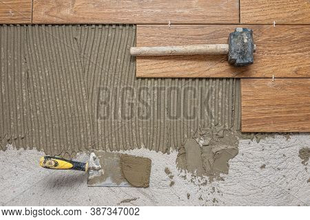 Ceramic Tiles And Tools For Tiler. Floor Tiles Installation. Home Improvement, Renovation - Ceramic 