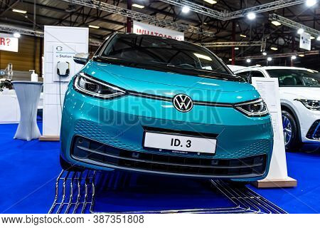 Riga, Latvia, Sep 25, 2020:  Volkswagen Id.3 Electric Car  Premiere At A Motor  Show, 2020 Model, Fr