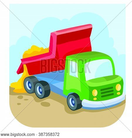 Cartoon Illustration, Dump Truck Brought Sand And Pours It Out Of Its Body, Isolated Object On White