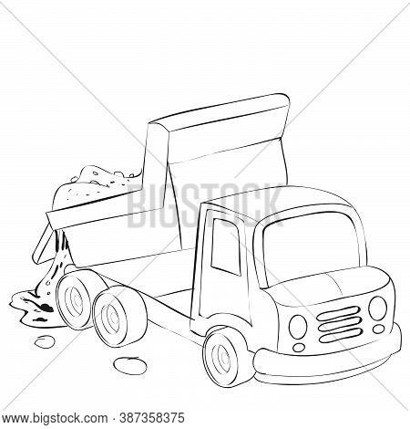 Cartoon Illustration, Sketch Dump Truck Brought Sand And Pours It Out Of Its Body, Coloring Book, Is
