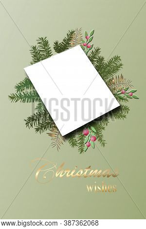 Elegant Merry Christmas Abstract Green Foliage Card With Paper Frame Banner In Pastel Colors. Beauti