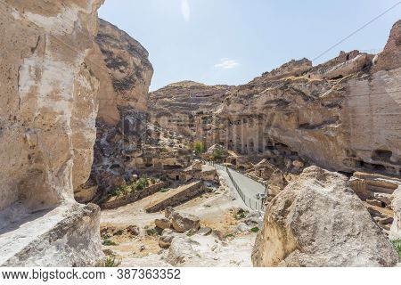 Panoramic View Of Hasankeyf Ancient Cave Houses, Turkey, Eastern Anatolia. Stone Walls, In Rocks, Hi