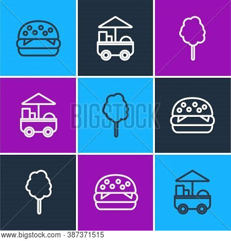 Set Line Burger, Cotton Candy And Fast Street Food Cart Icon. Vector