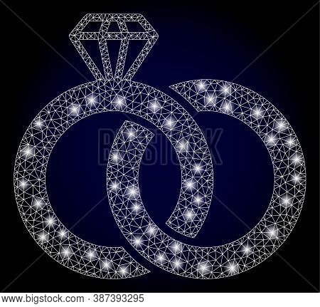 Glowing Mesh Net Diamond Wedding Rings With Glowing Spots. Illuminated Vector Model Created From Dia