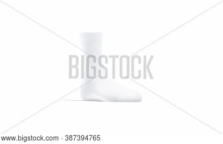 Blank White Long Sock Mockup Stand, Half-turned View, 3d Rendering. Empty Textile Gaiters Or Quarter