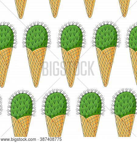 Cactus Ice Cream In The Horn. Seamless Pattern Of Cactus On White Background. Funny Dessert. Succule