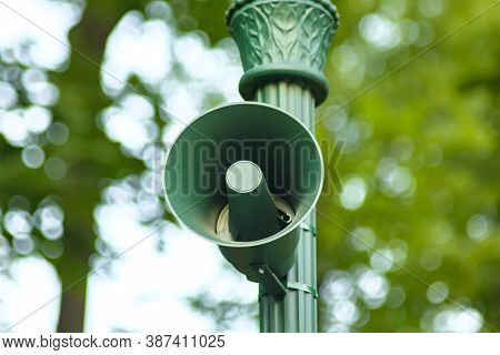 Loud Outdoor Speaker. Public Park Audio Sound System. Loudspeaker For Siren, Alarm Or Announcement. 