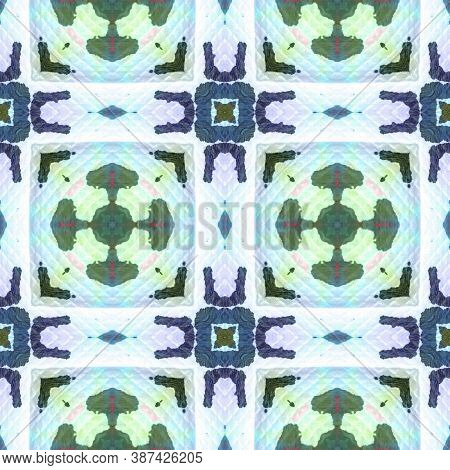 Watercolor Geometric Background. Abstract Batik Print. Green, Blue, Red, Indigo Seamless Texture. Se