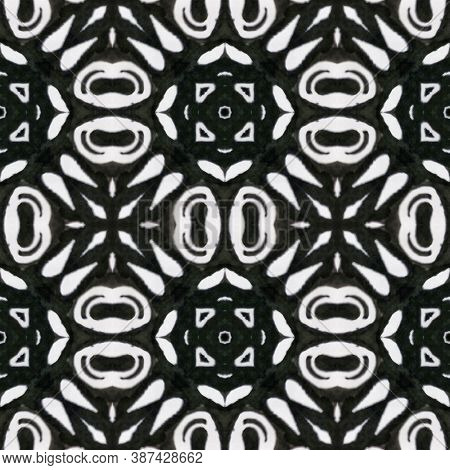Boho Watercolor Pattern. Seamless Tie Dye Ornament. Ikat Asian Motif. Black And White  Monochrome Se