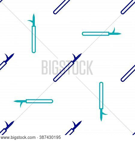 Blue Metal Pike Pole With Wooden Handle Icon Isolated Seamless Pattern On White Background. Spear, P