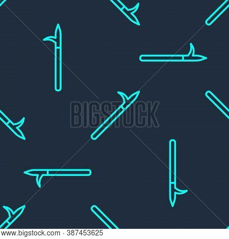 Green Line Metal Pike Pole With Wooden Handle Icon Isolated Seamless Pattern On Blue Background. Spe