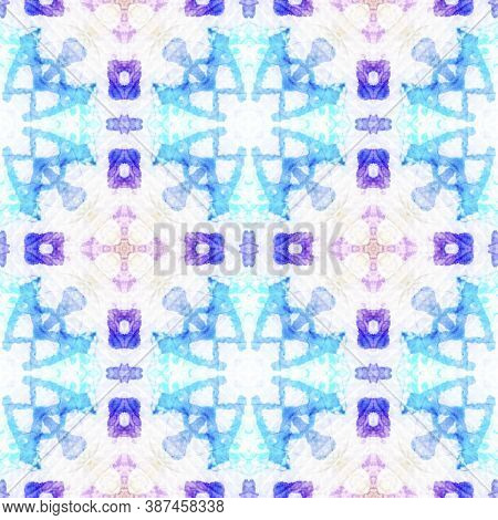 Watercolor Geometric Background. Repeat Tie Dye Illustration. Ikat Russia Motif. Blue, White, Indigo