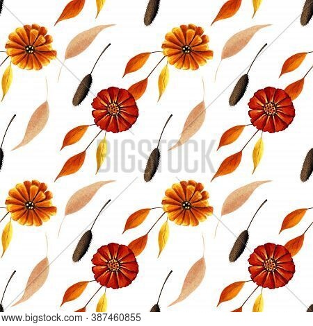 Seamless Pattern With Yellow Flowers And Autumn Leaves On White Background. Hadn Drawn Illustration.