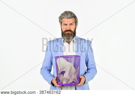Businessman Hold Trash Can. Man Look For Lost Document In Paper Bin. Office Worker Digging In Garbag