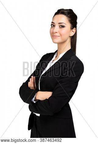 Portrait of happy business woman isolated on white background