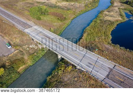 highway and  bridge over South Loup River in Nebraska Sandhills, aerial view