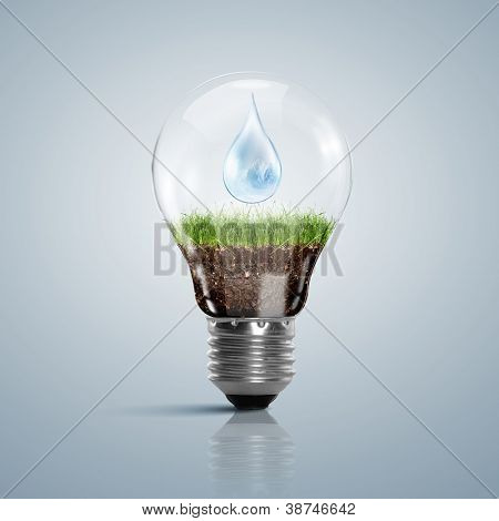ECOLOY ábra-lámpa izzó, tiszta természet és a megújuló energiaforrások jelet belül