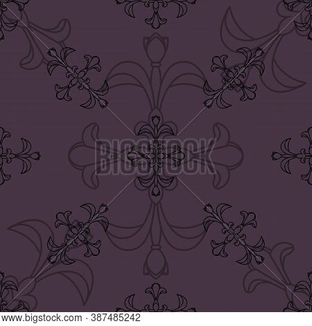 Black Floral Damsk Onament Seamless Patternon Color Background. Design For Fabric, Apparel Textile, 