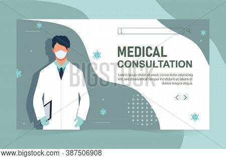 Doctor Online Concept With Character. Online Diagnostics And Pharmacy. Doctors Website. Can Be Used 