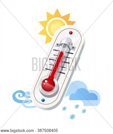 Thermometer show temperature and weather icons. Sun, wind, snow, cloud synoptics and meteorology symbol, isolated white background. 3D illustration.
