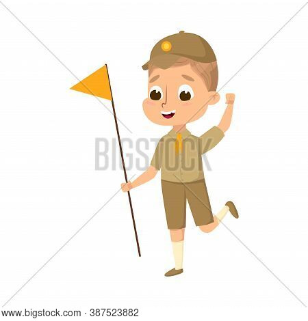 Scout Boy With Flag, Cute Scouting Elementary School Child Character In Uniform, Summer Holiday Acti
